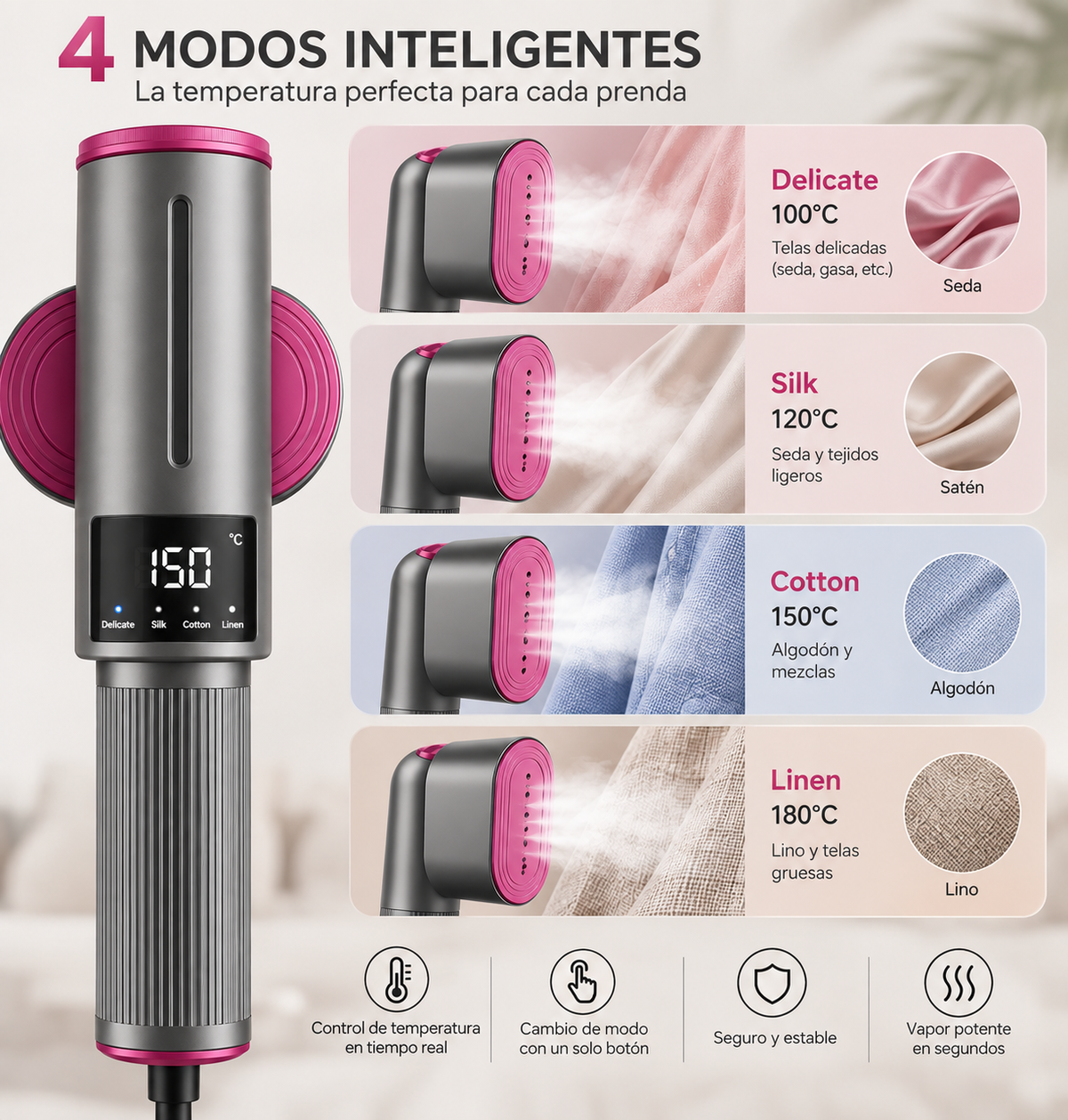 4 modos inteligentes: Delicate 100°C, Silk 120°C, Cotton 150°C, Linen 180°C